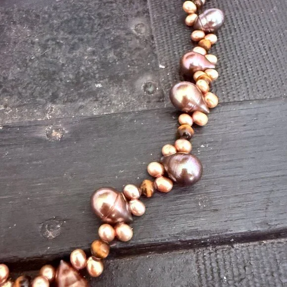 14K Gold Freshwater Pearl Necklace Maroon Brown‎ Tones FW Pearls Keshi - Picture 2 of 5